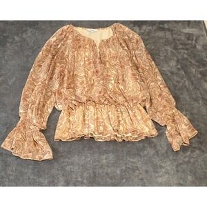 FATE Women's Medium‎ Boho Paisley Blouse Smocked Waist Bell Sleeve Chiffon Top